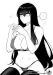  1girl absurdres black_eyes black_hair blush breasts cleavage collarbone greyscale highres hyakkin large_breasts long_hair monochrome navel parted_lips simple_background sitting solo stomach sweat thighhighs white_background 