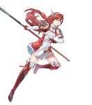  1girl armor bangs boots caeldori_(fire_emblem) dress elbow_gloves fire_emblem fire_emblem_fates fire_emblem_heroes flat_chest full_body garter_straps gloves hair_ornament hairband highres holding holding_weapon knee_boots leg_up long_hair looking_away non-web_source official_art parted_lips polearm red_eyes red_hair shiny shiny_hair short_dress shoulder_armor solo tan_(tangent) transparent_background weapon zettai_ryouiki 