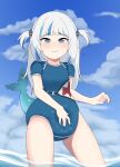  absurd_res accessory animal_humanoid blush clothed clothing cloud diaper female fish fish_humanoid gawr_gura hair hair_accessory hairpin hi_res hololive humanoid marine marine_humanoid octojo onesie shark_humanoid shark_tail smile solo standing touching_diaper virtual_youtuber white_hair 