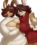  anthro big_breasts blazbaros blep breast_squish breasts brown_eyes brown_hair cleavage cleavage_cutout clothed clothing duo female fully_clothed fur green_eyes hair hi_res huge_breasts inner_ear_fluff lagomorph leporid long_ears looking_at_viewer mammal meme meme_clothing one_eye_closed rabbit simple_background smile squish sweater tan_body tan_fur tongue tongue_out topwear tuft turtleneck virgin_killer_sweater white_background 