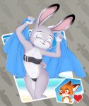  absurd_res anthro beach canid canine cleft_of_venus clothing disney duo exposed female flashing fluffy fluffy_tail footwear fox gesture gris_swimsuit hi_res judy_hopps lagomorph leporid male male/female mammal meme meme_clothing nick_wilde one-piece_swimsuit presenting rabbit romantic seaside seductive socks swimwear towel translated_description translucent translucent_clothing translucent_swimwear unolvidadomas zootopia 