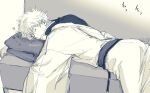  1boy absurdres bangs closed_eyes couch gintama grey_background greyscale hair_between_eyes highres japanese_clothes kimono lying male_focus monochrome on_couch on_stomach parted_lips pillow sakata_gintoki shirt simple_background sleeping solo twitter_username uraki_(tetsu420) 