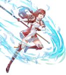  1girl armor bangs boots caeldori_(fire_emblem) dress elbow_gloves feathers fire_emblem fire_emblem_fates fire_emblem_heroes flat_chest full_body garter_straps gloves hair_ornament hairband highres holding holding_weapon knee_boots leg_up long_hair looking_away non-web_source official_art open_mouth polearm red_eyes red_hair shiny shiny_hair short_dress shoulder_armor slashing solo tan_(tangent) thighhighs transparent_background weapon zettai_ryouiki 