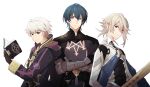  3boys armor bangs black_armor black_cape black_coat black_gloves blue_cape blue_eyes blue_hair book brown_eyes brown_gloves byleth_(fire_emblem) byleth_(fire_emblem)_(male) cape coat commentary corrin_(fire_emblem) corrin_(fire_emblem)_(male) crossed_arms english_commentary fire_emblem fire_emblem:_three_houses fire_emblem_awakening fire_emblem_fates fire_emblem_heroes gauntlets gloves hair_between_eyes highres holding holding_book holding_weapon hood hood_down hooded_coat knife long_sleeves looking_at_viewer lumbbyz male_focus multiple_boys pointy_ears red_eyes robin_(fire_emblem) robin_(fire_emblem)_(male) simple_background smile sword trait_connection upper_body weapon white_background white_hair yato_(fire_emblem) 