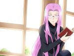  14_riatsu 1girl black_sweater blush fate/grand_order fate/stay_night fate_(series) glasses highres holding long_hair looking_at_viewer medusa_(fate) medusa_(rider)_(fate) purple_eyes reading smile sweater type-moon window 