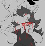  anthro blood bodily_fluids canid canine canis clothing domestic_dog hair knife licking licking_blood looking_at_viewer male mammal messy_hair one_eye_obstructed red_eyes shirt simple_background sog_(squishy) solo squishy_(artist) tongue tongue_out topwear 