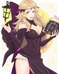 1girl absurdres ahoge alternate_costume bare_shoulders blonde_hair blue_eyes book breasts circlet cleavage detached_collar fire_emblem fire_emblem_fates hat highres holding holding_book large_breasts looking_at_viewer open_mouth ophelia_(fire_emblem) solo teeth truejekart turtleneck upper_teeth witch witch_hat 