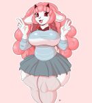  absurd_res anthro big_breasts bottomwear bovid brea breasts caprine clothing coffee_demon fan_character female fur gesture hair hi_res horn legwear mammal pink_hair red_eyes ribbons sheep skirt slightly_chubby solo stockings thick_thighs topwear v_sign vtuber white_body white_fur 
