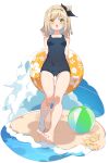  1girl absurdres arms_behind_back ball bangs bare_legs barefoot beach beachball black_one-piece_swimsuit blonde_hair blue_sky blush bow braid breasts character_request cloud cloudy_sky copyright_request covered_navel eyelashes fang feet floral_print full_body green_eyes hair_bow hairband heterochromia highres innertube legs looking_at_viewer medium_hair nail_polish one-piece_swimsuit one_side_up open_mouth orange_eyes rasusurasu shadow shiny shiny_hair side_braid sidelocks skin_fang sky small_breasts solo starfish swimsuit thighs toenail_polish toenails toes water white_background 