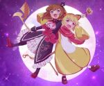  07rakugan 1boy 1girl animal_ears bow brown_hair candy cat_ears dress female_child food full_moon headband highres holding holding_candy holding_food holding_staff male_child moon red_bow red_scarf sakutarou_(umineko) scarf staff umineko_no_naku_koro_ni ushiromiya_maria 