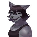  2021 20daysapple anthro canid canine canis clothing female fur grey_body grey_fur hi_res mammal muscular muscular_anthro muscular_arms muscular_female one_eye_closed shirt simple_background solo tank_top topwear white_background wink wolf 