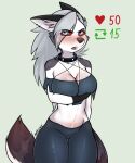  absurd_res anthro arm_under_breasts big_breasts blush bodily_fluids bottomwear breasts canid canid_demon cleavage clothed clothing collar demon ear_piercing embarrassed eyelashes female fur grey_hair hair hellhound helluva_boss hi_res loona_(helluva_boss) mammal midriff nefitail pants piercing red_sclera simple_background solo spiked_collar spikes standing strip_meme sweat sweatdrop translucent translucent_hair twitter white_body white_fur 