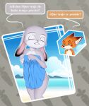 absurd_res anthro beach canid canine covering covering_breasts dialogue_box disney duo exposed female fox gesture hi_res judy_hopps lagomorph leporid male male/female mammal nick_wilde rabbit romantic seaside seductive smile towel towel_only unolvidadomas zootopia 