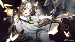  1girl absurdres alver animal_ear_fluff animal_ears bangs brown_hair commentary_request cube fur_collar girls&#039;_frontline girls&#039;_frontline_neural_cloud grey_eyes hair_ornament hannah_(girls&#039;_frontline_nc) highres multicolored_hair open_mouth pleated_skirt shirt short_sleeves skirt smile solo staff weibo_username white_hair white_shirt 