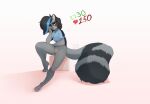  anthro askart big_tail black_hair blue_eyes blue_hair blush bottomless clothed clothing female fluffy fluffy_tail fur genitals grey_body grey_fur hair hi_res highlights_(coloring) looking_at_viewer mammal markings procyonid pussy raccoon shirt shirt_only sitting smile solo strip_meme striped_markings striped_tail stripes tail_markings topwear topwear_only twitter 