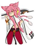  animal_ears arc_system_works bell belt black_panties blazblue bracelet breasts cat_ears cat_tail female firial glasses hands_on_hips highres jewelry kokonoe labcoat long_hair midriff multiple_tails orange_eyes panties pants pink_hair ponytail ribbon simple_background solo tail underwear white_background yellow_ribbon 