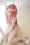  blue_eyes code_geass cosplay double_bun euphemia_li_britannia hair_buns high_heels long_hair photo pink_hair shoes sitting solo swimsuit tatsuki 