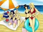  6girls beach bikini black_hair blonde_hair blush breast_grab breasts brown_hair flat_chest haruno_sakura huge_breasts hyuuga_hinata large_breasts mih4ru-chan multiple_girls naruto pink_hair purple_hair shizune_(naruto) small_breasts smile summer swimsuit tenten tsunade yamanaka_ino yuri 