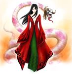  1girl alternate_costume bangs black_hair boa_hancock cloak dress fangs female full_body green_dress highres long_hair looking_at_viewer one_piece pirate red_cloak salome_(one_piece) simple_background skull smile snake solo standing 