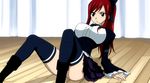  breasts cap erza_scarlet fairy_tail hair_ribbon large_breasts long_hair red_hair skirt sweatdrop thighhighs 