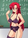  1girl blackboard blush bra breasts chalkboard cleavage collarbone garter_belt garter_straps glasses lingerie long_hair navel nightmare_express panties red_hair solo teacher tengen_toppa_gurren-lagann tengen_toppa_gurren_lagann thighhighs underwear yellow_eyes yoko_littner yoko_ritona yomako 