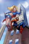  1boy 1girl abs blonde_hair blue_eyes bodysuit boots building city crossover dc_comics flying kryptonian marvel mask midriff muscle s_shield sign skirt spider-man spider-man_(series) spider_web supergirl superman_(series) web 