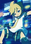  android barefoot blonde_hair boy detached_sleeves empty_eyes headset highres itaru kagamine_len male male_focus necktie shorts solo vocaloid 