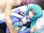  bed bed_sheet blue_hair breasts cleavage detached_sleeves green_hair otome_renshin_prister red_eyes sheets 