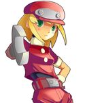  belt blonde_hair capcom ddd female gloves green_eyes hands_on_hips hat long_hair rockman rockman_dash roll_caskett simple_background solo white_background wrench 