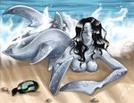  beach black_hair breasts large_breasts mermaid monster_girl shark transformation yellow_eyes 