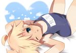  blonde_hair boy crossdressing kagamine_len lying male male_focus on_back one_eye_closed open_mouth solo suzugo@erorin swimsuit trap vocaloid wink 