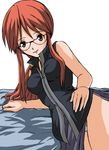  artist_request bow breasts brown_eyes cleavage elite_four face female glasses hair_bow hips huge_breasts kanna_(pokemon) large_breasts legs lips long_hair long_legs lying nintendo panties pantyshot pokemon pokemon_(game) pokemon_firered_and_leafgreen pokemon_rgby ponytail popped_collar red_eyes red_hair shirt shoes sitting skirt sleeveless smile solo thighs underwear white_background wide_hips 