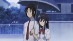  amakusa_shino black_hair brown_eyes brown_hair dark_hair long_hair necktie purple_hair rain raining ribbon school_uniform seitokai_yakuindomo tsuda_takatoshi umbrella walking wet 