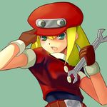  blonde_hair capcom ddd female gloves green_eyes hat long_hair open_mouth rockman rockman_dash roll_caskett simple_background solo wrench 