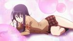  amakusa_shino armband black_hair brown_eyes dark_hair laying long_hair lying pink plaid purple_hair ribbon seitokai_yakuindomo skirt 