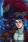  1boy batman_(series) black_hair blue_eyes crossover dc_comics jacket jason_todd male male_focus osomo_(hachilow) pixiv_thumbnail pokemon red_hood red_hood_(dc) resized smile solo yamane-08low zoroark zorua 