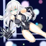  :o aqua_eyes armpits bangs bare_shoulders black_heart blurry breasts cleavage cleavage_cutout depth_of_field dutch_angle elbow_gloves gauntlets gloves hips jumping leotard long_hair looking_at_viewer magical_girl medium_breasts neptune_(series) open_mouth outline outstretched_arm power_symbol solo symbol-shaped_pupils v-shaped_eyebrows wavy_hair white_hair 