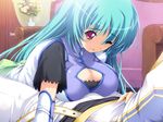  blue_hair breasts cleavage detached girl_on_top green_hair large_breasts otome_renshin_prister red_eyes sleeves 