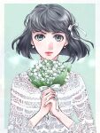  1girl bangs black_hair bouquet earrings flower green_background grey_eyes hair_ribbon hakushika_noriko holding holding_bouquet jewelry lace-trimmed_shirt lace_trim lily_of_the_valley looking_at_viewer medium_hair own_hands_together ribbon sawai_ka shirt simple_background solo upper_body white_ribbon yuukan_club 