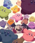  :o armor bat_wings black_wings blue_eyes blue_gemstone blurry blurry_foreground blush blush_stickers boots closed_mouth commentary_request crack cracked_mask dark_meta_knight depth_of_field full_body gem highres holding holding_sword holding_weapon kirby kirby_(series) mask miclot multiple_persona open_mouth parted_lips purple_eyes red_footwear shoulder_armor simple_background sitting smile solid_oval_eyes spiked_wings spikes sword weapon wings yellow_background yellow_eyes 