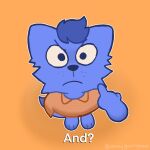  anthro blue_body blue_eyes blue_fur clothing dialogue domestic_cat english_text felid feline felis fur gesture looking_at_viewer male mammal middle_finger ohmygoditguppy orange_background shirt simple_background solo t-shirt text topwear 