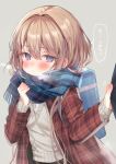  1girl aran_sweater bag bangs blue_scarf blush brown_hair closed_mouth commentary_request ebihara_beniko fringe_trim grey_background grey_sweater hair_between_eyes hair_intakes highres jacket open_clothes open_jacket original plaid plaid_jacket plaid_scarf purple_eyes red_jacket scarf school_bag school_uniform shirt simple_background solo sweater translation_request white_shirt 