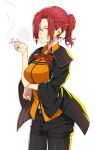  1girl aozaki_touko cigarette cosplay fate/grand_order fate_(series) fujimaru_ritsuka_(female) fujimaru_ritsuka_(female)_(mage&#039;s_association_uniform) fujimaru_ritsuka_(female)_(mage&#039;s_association_uniform)_(cosplay) glasses kara_no_kyoukai orange_nails red_eyes red_hair sami_(object_dump) simple_background solo white_background 