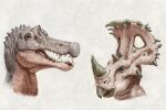  ambiguous_gender anthro beak blue_eyes brown_eyes dinosaur duo facial_horn female_(lore) glistening glistening_eyes grey_body horn nose_horn open_mouth pink_body pink_tongue reptile scalie sharp_teeth simple_background teeth three-quarter_view tongue unsigned upai yellow_teeth 
