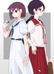  2girls back-to-back belt black_belt bob_cut brown_eyes brown_hair closed_mouth cookie copyright_request food glasses highres holding holding_cookie holding_food kuroi_moyamoya long_hair medium_hair multiple_girls necktie pink_necktie pleated_skirt ponytail red_sailor_collar red_skirt sailor_collar school_uniform semi-rimless_eyewear serafuku shirt short_sleeves skirt standing thumbprint_cookie under-rim_eyewear white_sailor_collar white_serafuku white_shirt white_skirt 