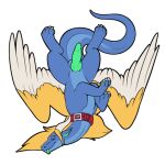  blue_body claws collar dragon feathered_wings feathers feral genitals horn male mane penis symrea telegram_sticker wings yellow_eyes 