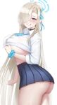  1girl ass asuna_(blue_archive) blonde_hair blue_archive blue_eyes breasts halo highres kono_(xerondan321) large_breasts long_hair looking_at_viewer no_bra no_panties paid_reward_available school_uniform scrunchie skirt smile thighs very_long_hair wrist_scrunchie 