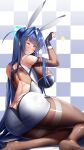  1girl :q absurdly_long_hair absurdres animal_ears arm_up ass ass_cutout azur_lane back backboob backless_dress backless_outfit bangs bare_shoulders blue_eyes blue_hair blush bodystocking breasts bridal_gauntlets brown_pantyhose checkered_background closed_mouth clothing_cutout dress english_commentary fake_animal_ears from_behind hair_between_eyes hair_intakes highres irkawaza large_breasts long_hair looking_at_viewer new_jersey_(azur_lane) pantyhose rabbit_ears race_queen sidelocks sitting smile solo star_(symbol) thighband_pantyhose tongue tongue_out very_long_hair white_dress yokozuwari 
