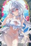  1girl :q ahoge bangs bare_shoulders bikini bow breasts cleavage collarbone commentary_request fate/grand_order fate/prototype fate_(series) feet_out_of_frame flower frilled_bikini frilled_swimsuit frills highres lady_avalon_(fate) lady_avalon_(second_ascension)_(fate) licking_lips long_hair looking_at_viewer medium_breasts merlin_(fate/prototype) navel ocean official_alternate_costume pink_flower poppoman red_eyes shadow shiny shiny_hair sky smile solo swimsuit thighs tongue tongue_out twintails very_long_hair white_bikini white_bow white_hair 
