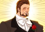  black_suit bow bowtie brown_hair essor0706 facial_hair final_fantasy final_fantasy_xiv flower formal hildibrand_manderville monocle rose shirt suit white_shirt yellow_background 